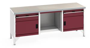 41002069.** Bott Cubio Storage Workbench 2000mm wide x 750mm Deep x 840mm high supplied with a Linoleum worktop (particle board core with grey linoleum surface and plastic edgebanding), 2 x 150mm high drawers, 2 x 350mm high integral storage cupboards and 1...